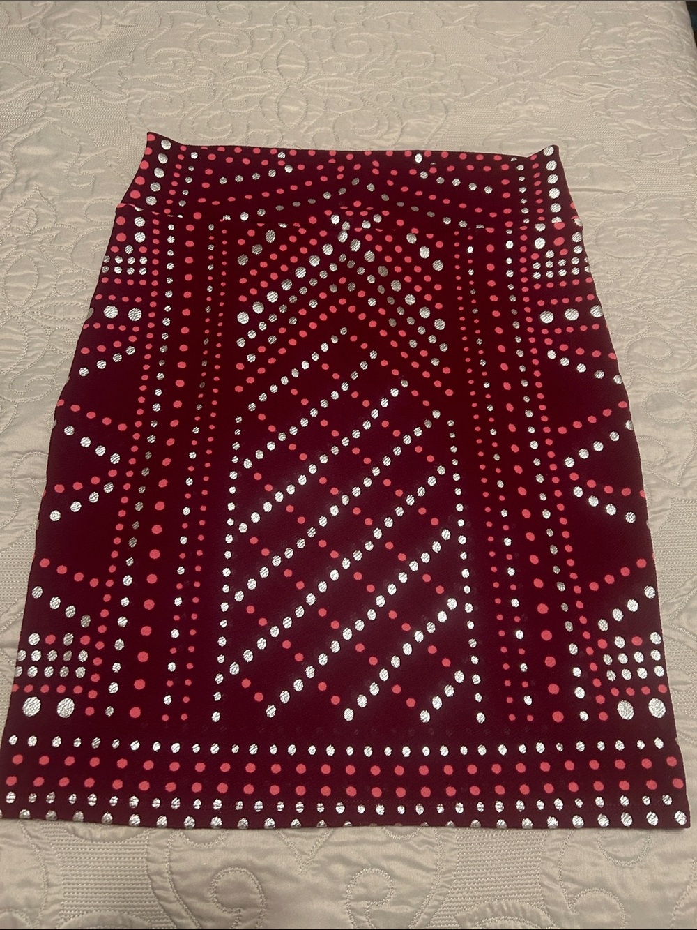 LuLaRoe Elegant Cassie Red Studded Pencil Skirt with Silver Accents